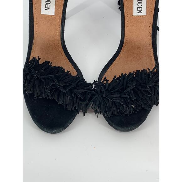 STEVE MADDEN Women's Black Leather Sassey Fringe Gladiator Stiletto Heels SZ 6.5 - Picture 4 of 10